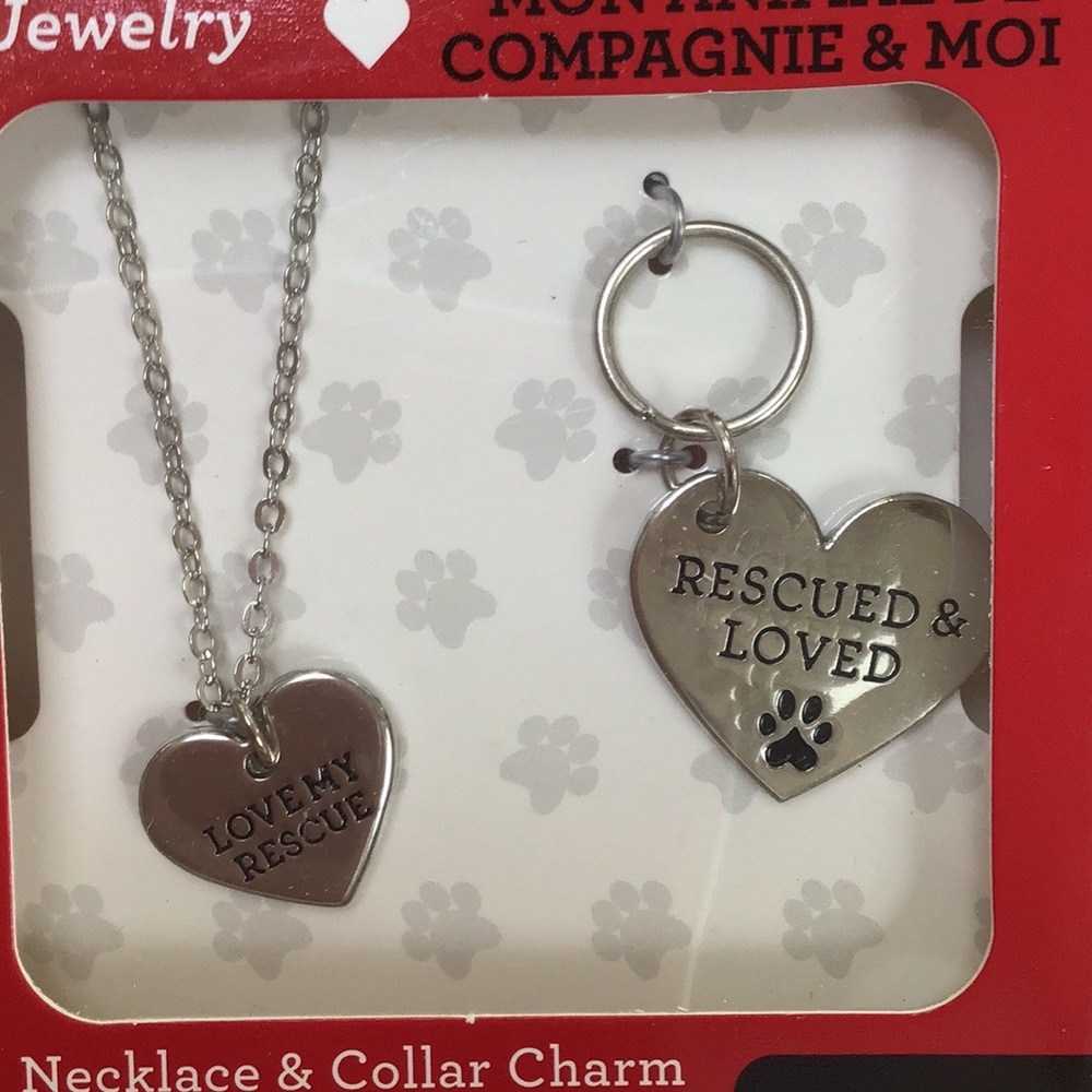 Silver Heart Love My Rescue Necklace‎ & Collar Charm Set NWT